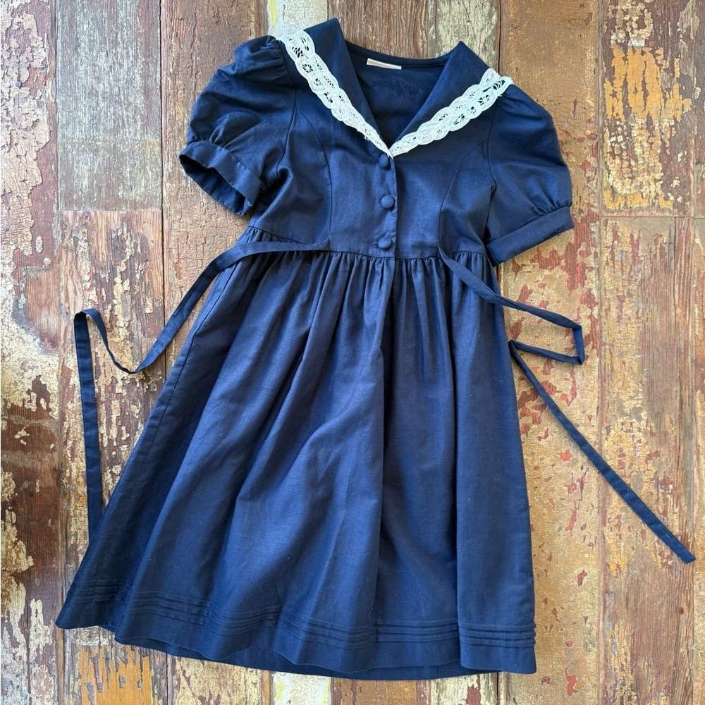 Vintage Laura Ashley Mother & Child Navy Blue Dress White Lace Linen Sailor 5T